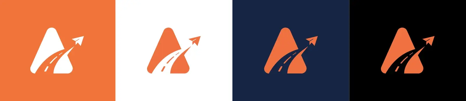 The A mark in orange, on white, on navy and on black