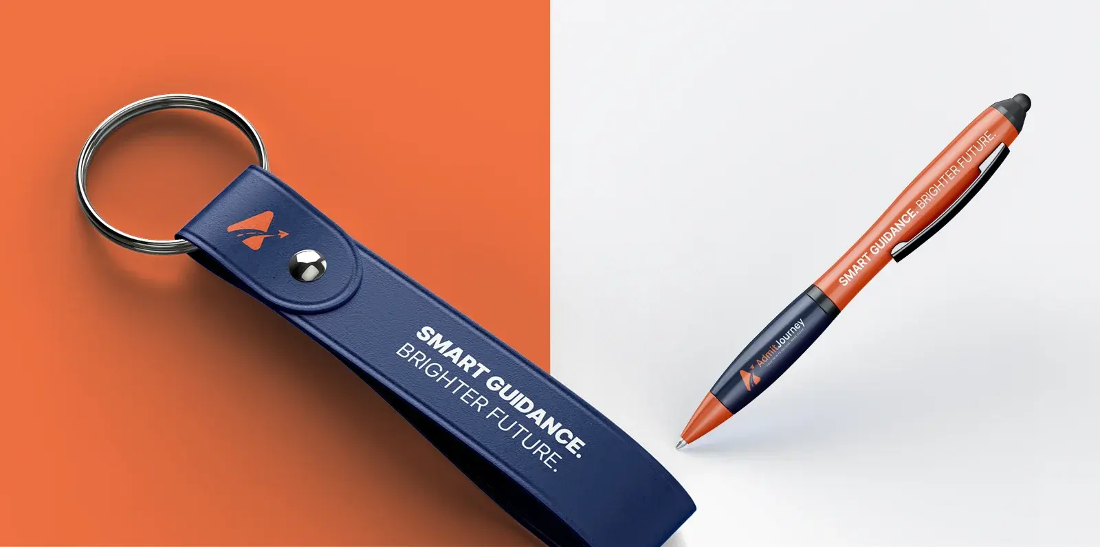 Navy keychain and orange pen with the mark and the line smart guidance, brighter future
