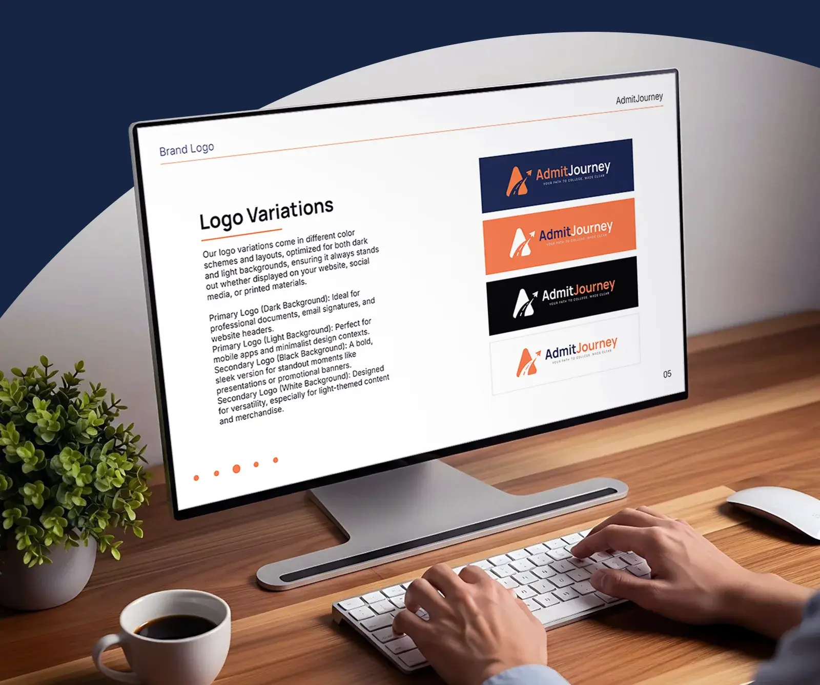 Desktop monitor mockup showing the logo variations page of the guidelines