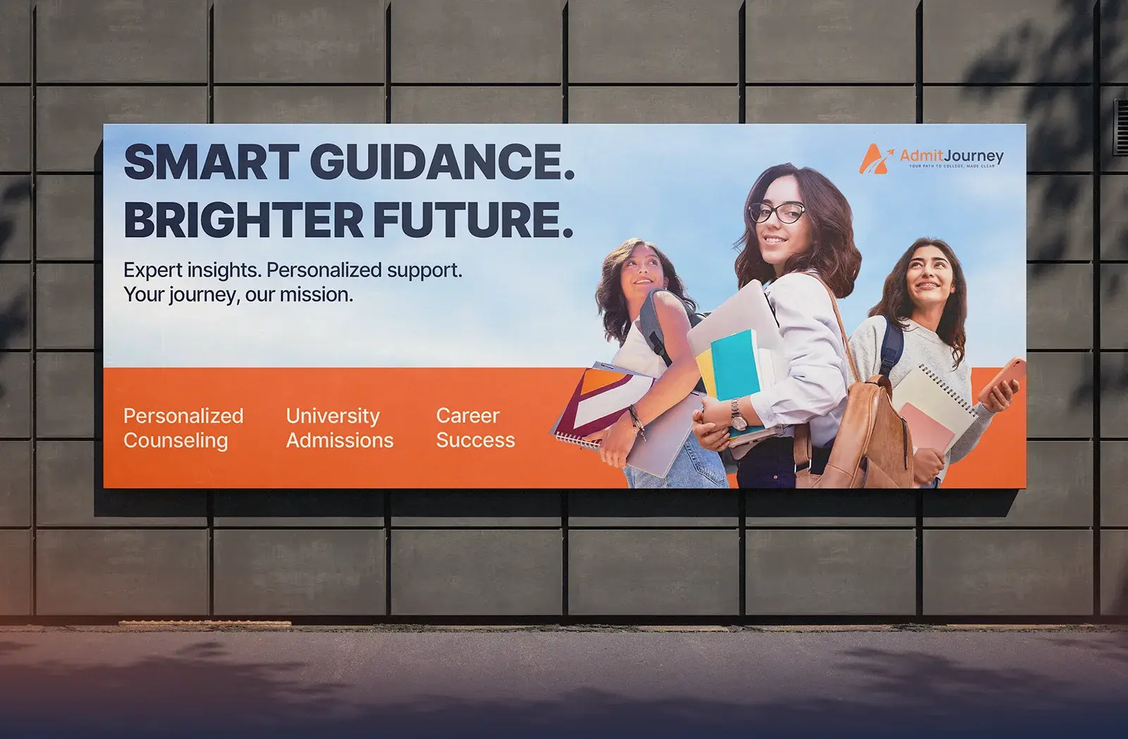 Billboard mockup: smart guidance, brighter future, expert insights, personalized support, your journey, our mission
