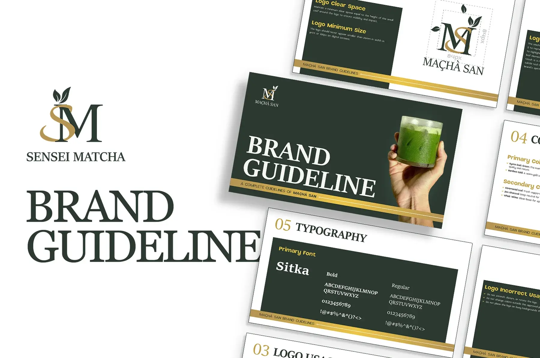 Case study title slide: the SM leaf monogram, Sensei Matcha, beside brand guideline pages headed Brand Guideline and 05 Typography