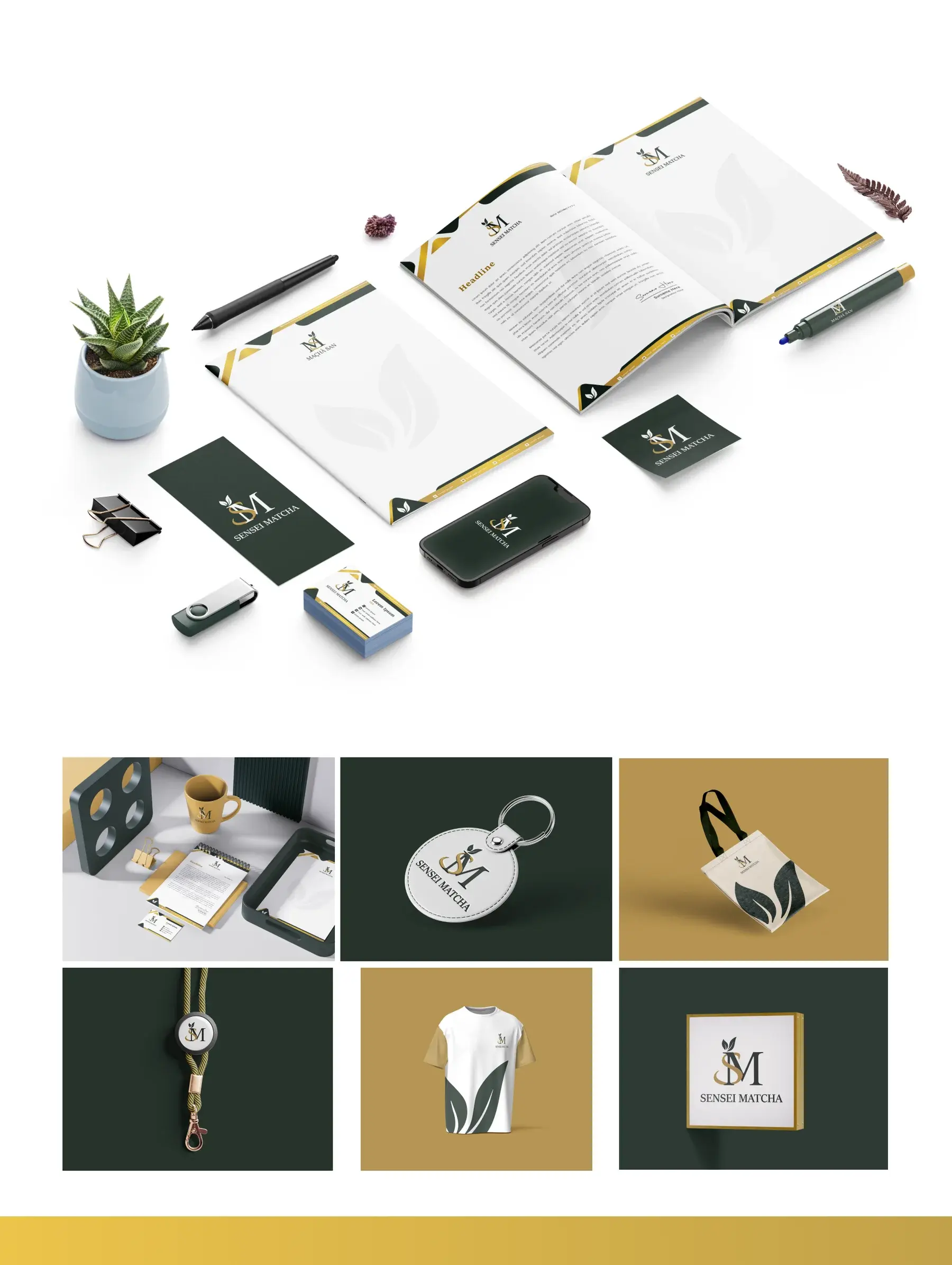 Stationery and merchandise set: letterhead, envelope, business cards, phone case, USB drive, mug, keyring, tote bag, lanyard, T-shirt and a Maçhà San gift box