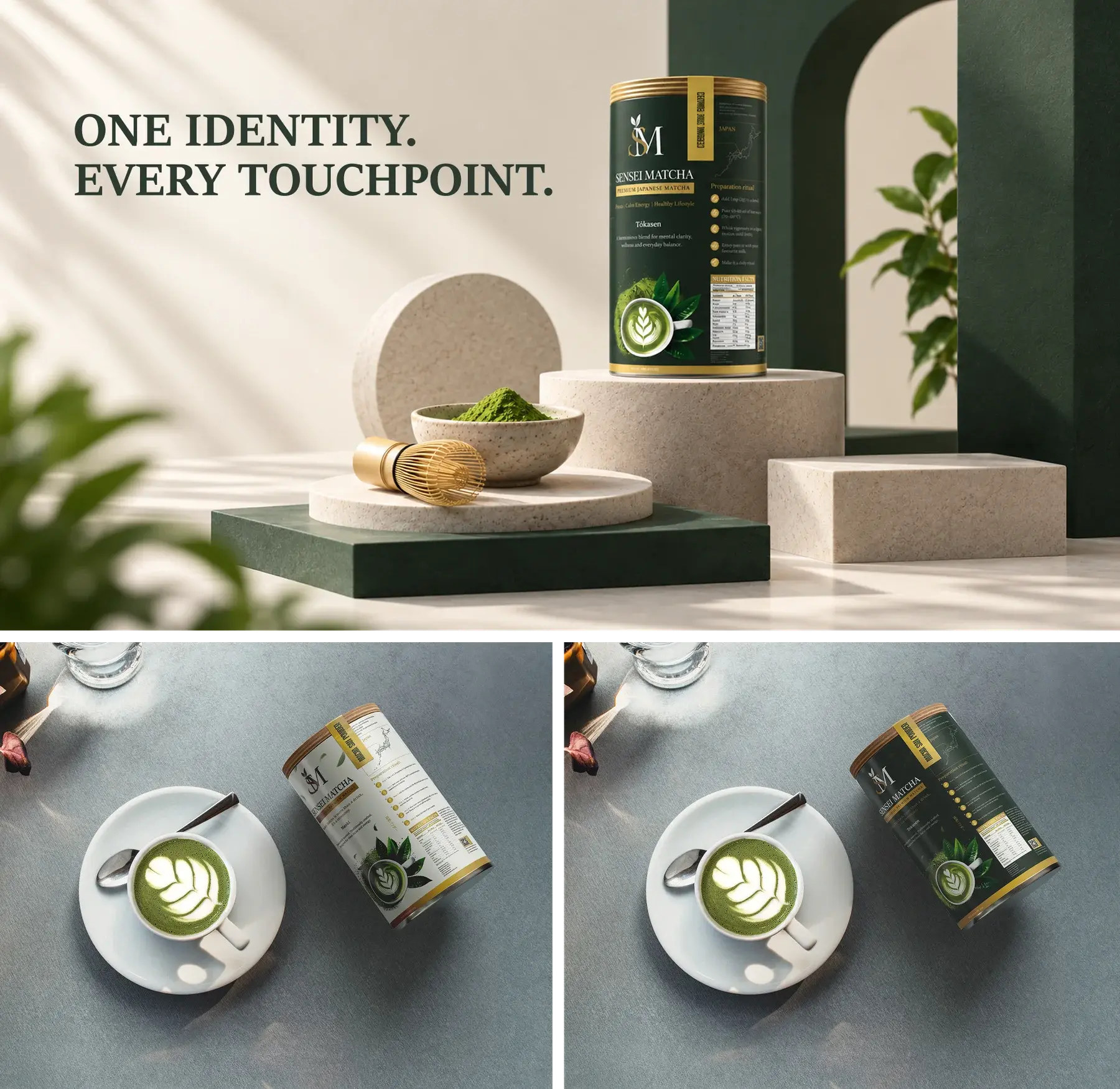 One identity, every touchpoint: the Maçhà San matcha tin on a plinth with a whisk and bowl, and two cups of matcha latte beside the tin