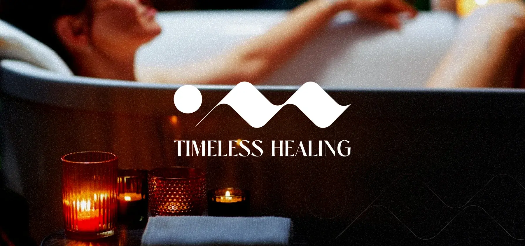 Case study title slide: the Timeless Healing wave mark over a woman relaxing in a candlelit bath