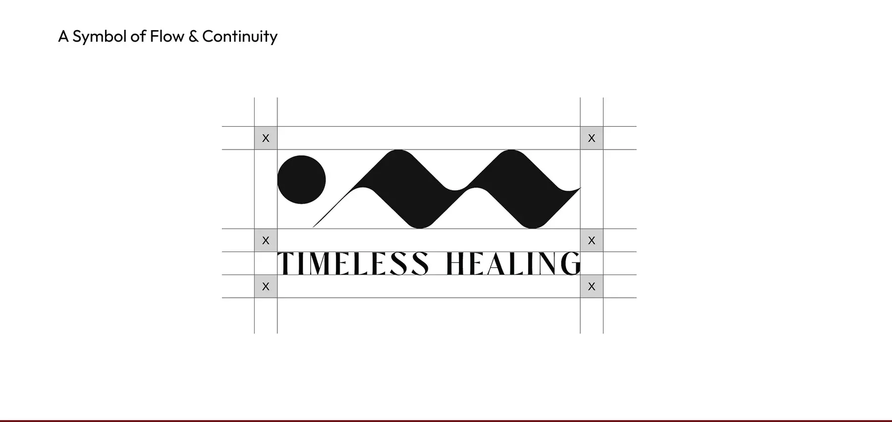 A symbol of flow and continuity: the Timeless Healing logo on its construction grid with x-height clear space