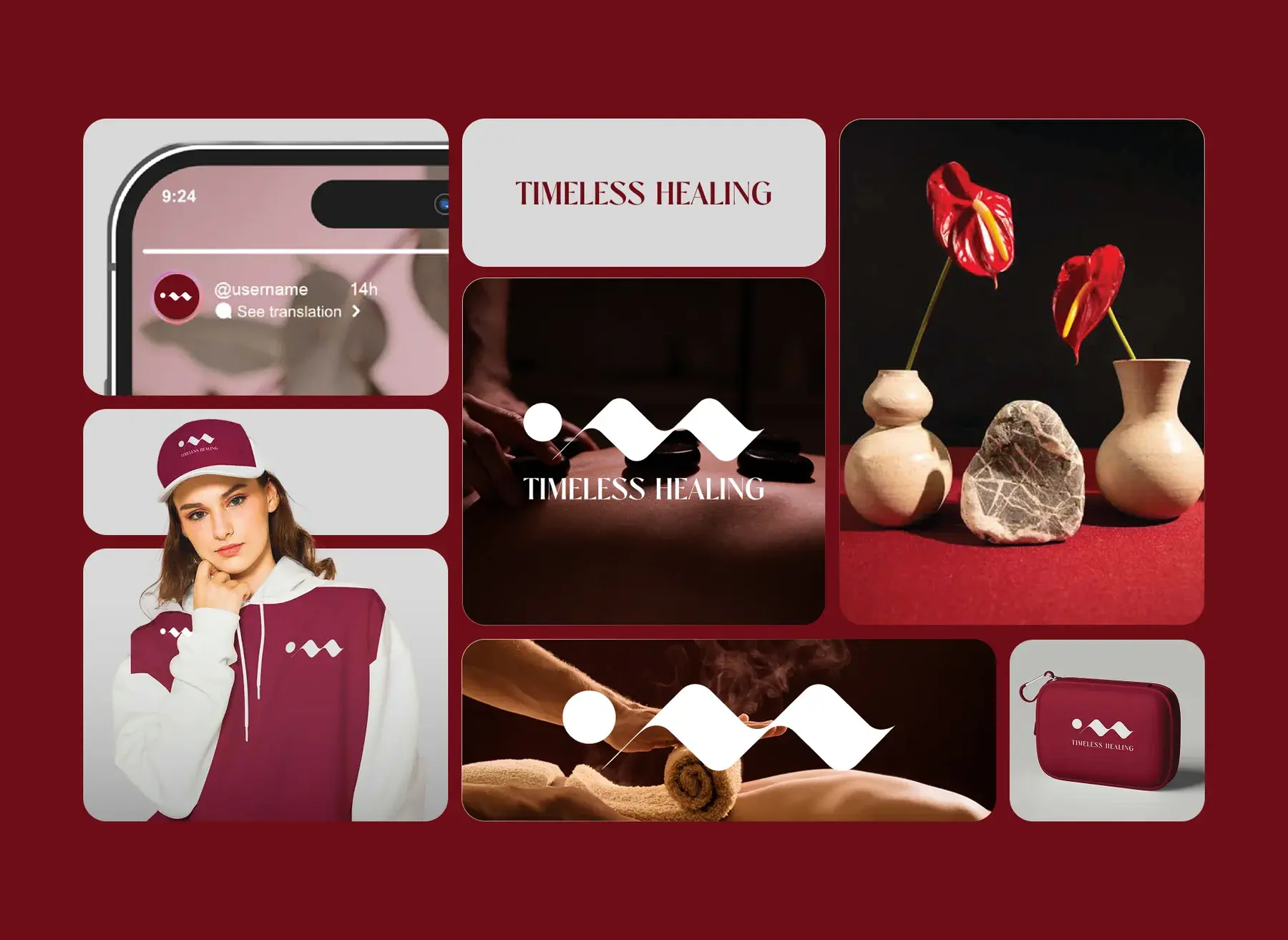 Brand applications on crimson: phone screen, business cards, a hoodie, candles, a massage scene and a zip pouch with the wave mark