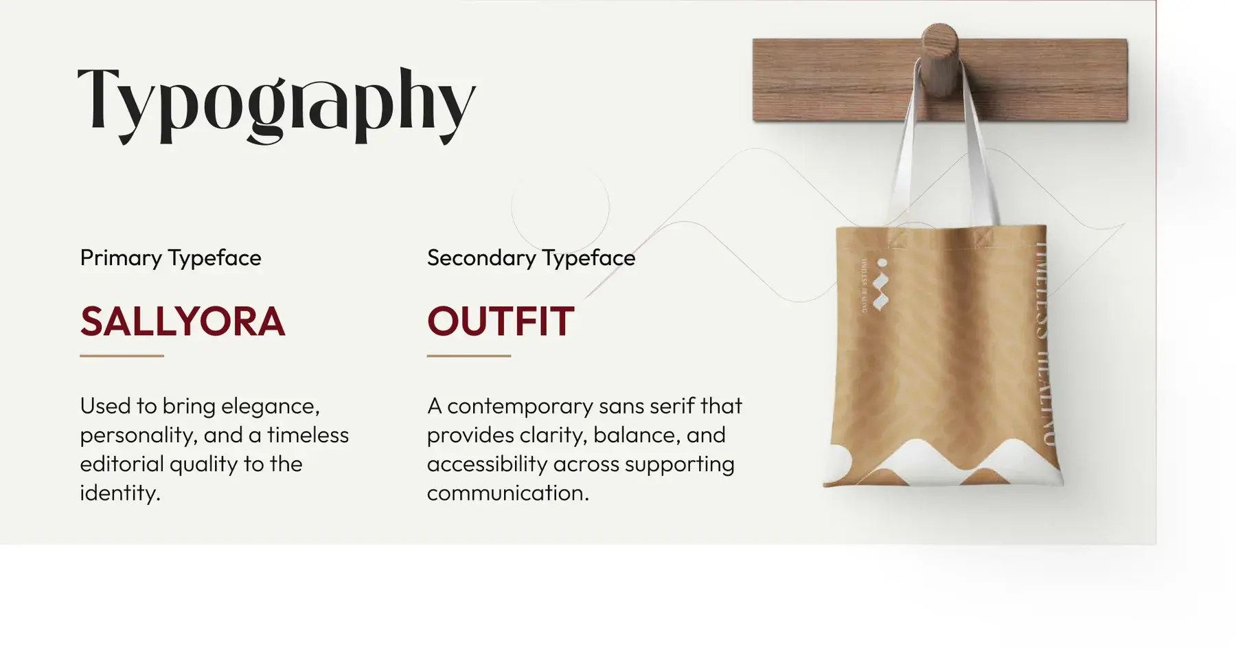 Typography: Sallyora as the primary typeface and Outfit as the secondary, beside a patterned tote bag on a wooden hook