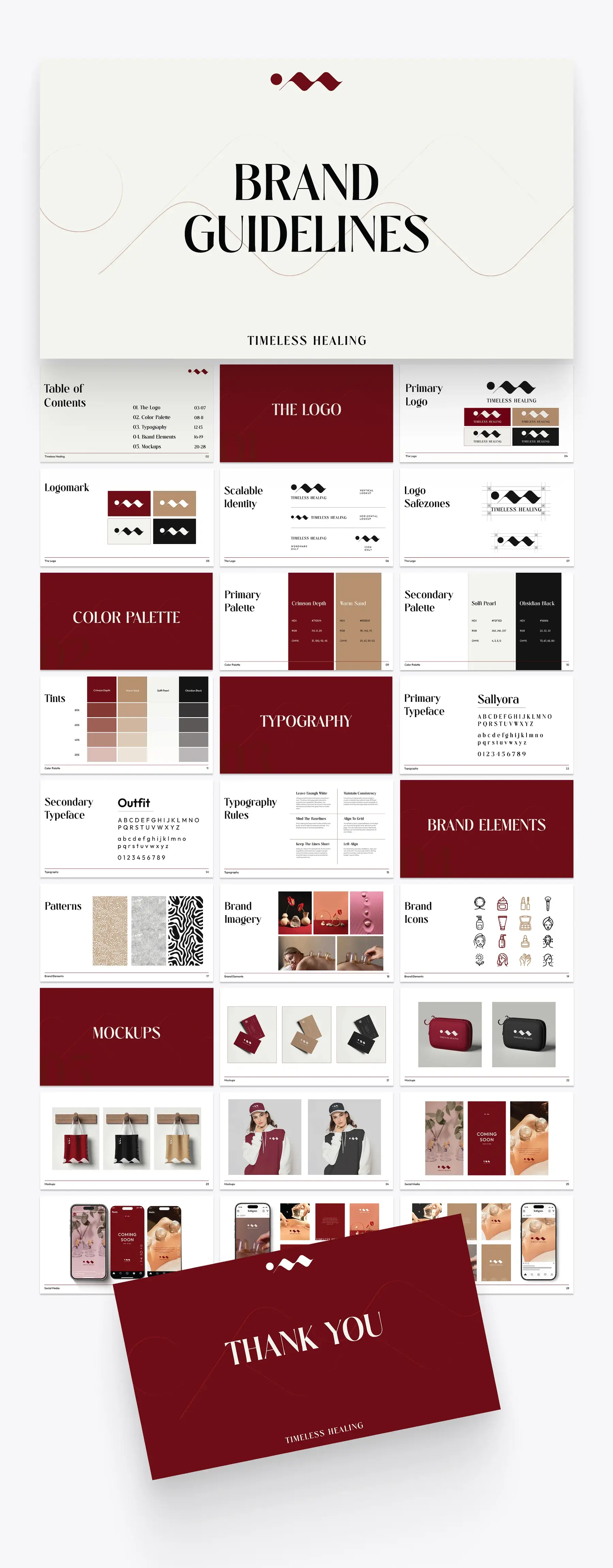 Full brand guidelines overview: cover, table of contents, the logo, color palette, typography, brand elements, mockups and a thank you page