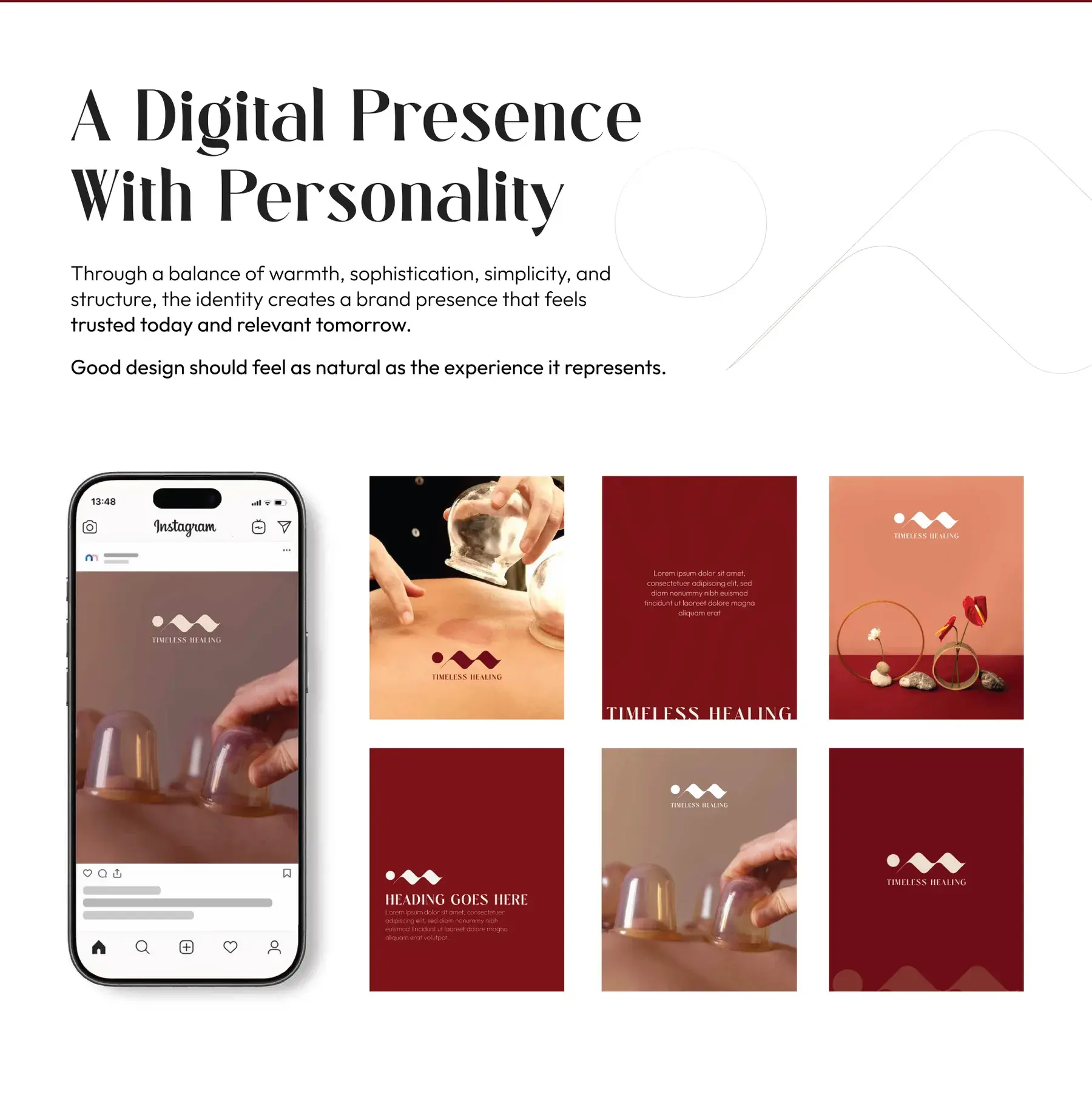 A digital presence with personality: an Instagram profile on a phone beside nine social tiles in crimson, sand and pearl