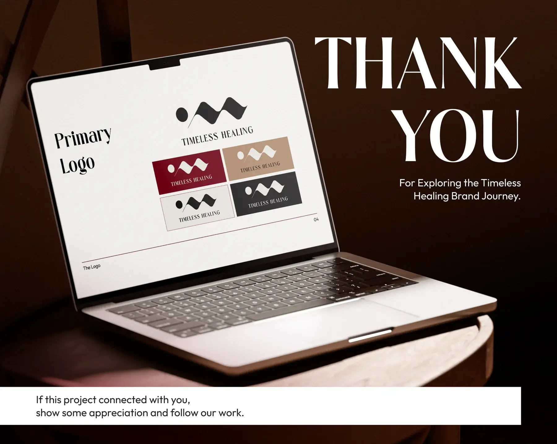 Thank you slide: a laptop showing the primary logo page of the guidelines, for exploring the Timeless Healing brand journey