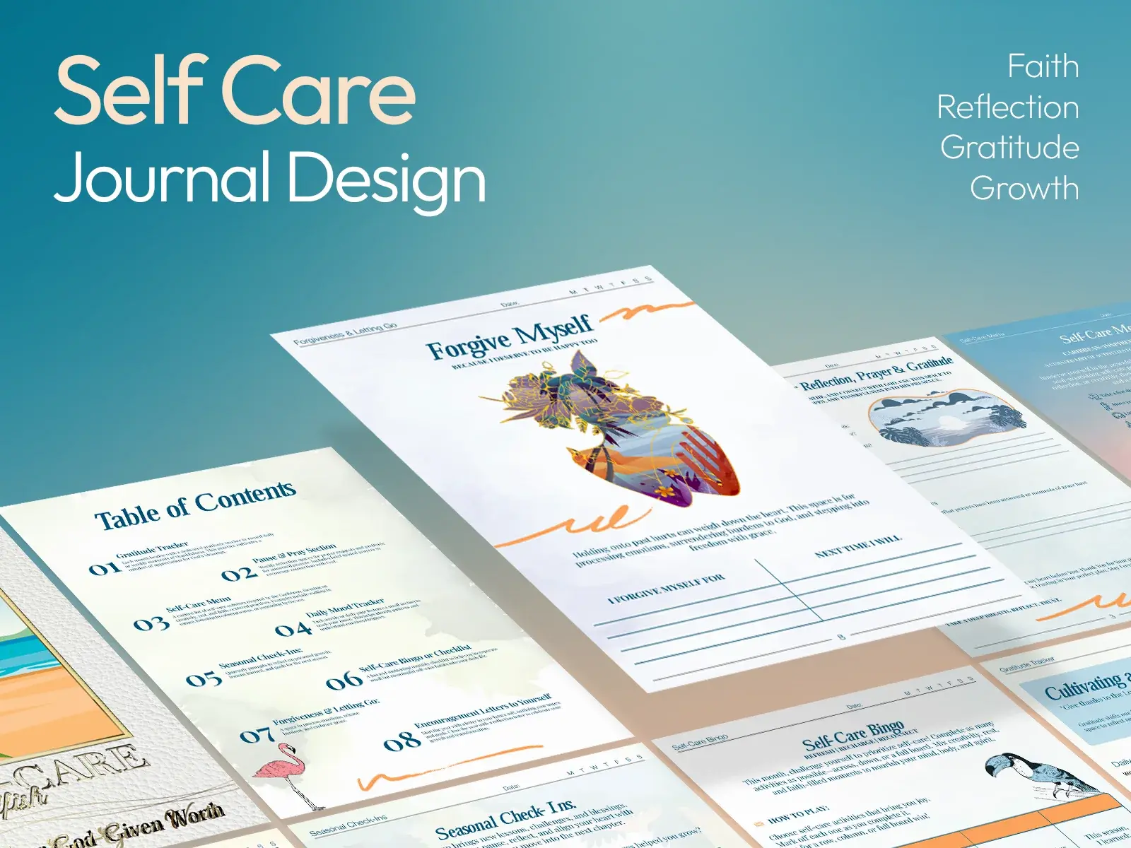 Case study title slide: Self Care Journal Design, with the Forgive Myself, Table of Contents, Seasonal Check-Ins and Self-Care Bingo pages fanned out