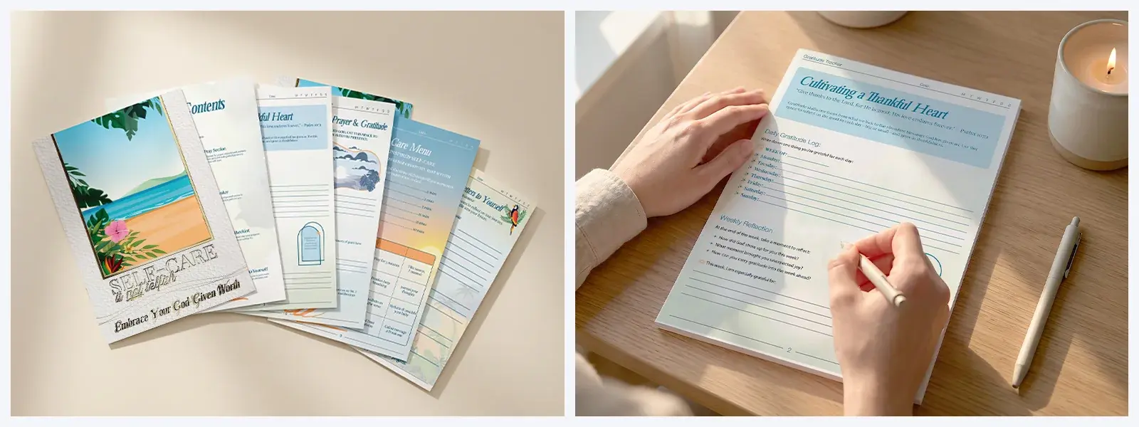 The printed journal pages fanned on a table, and a hand writing in the Cultivating a Thankful Heart gratitude tracker beside a candle