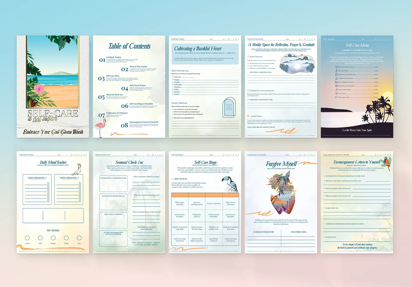 All ten journal pages laid out: cover, table of contents, gratitude tracker, prayer, self-care menu, mood tracker, seasonal check-ins, bingo, forgiveness and encouragement letters