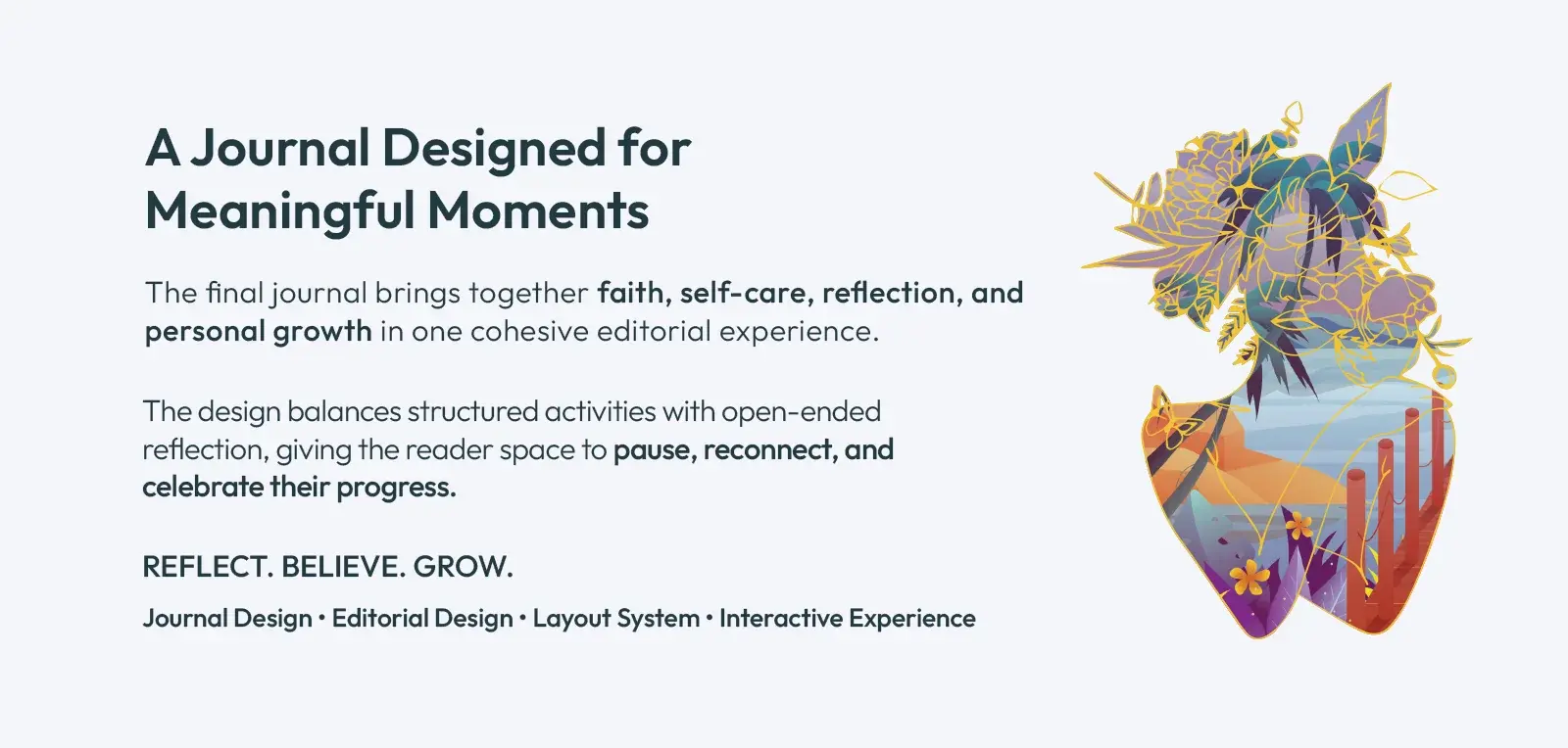 A journal designed for meaningful moments: faith, self-care, reflection and personal growth in one editorial experience, beside the floral silhouette illustration
