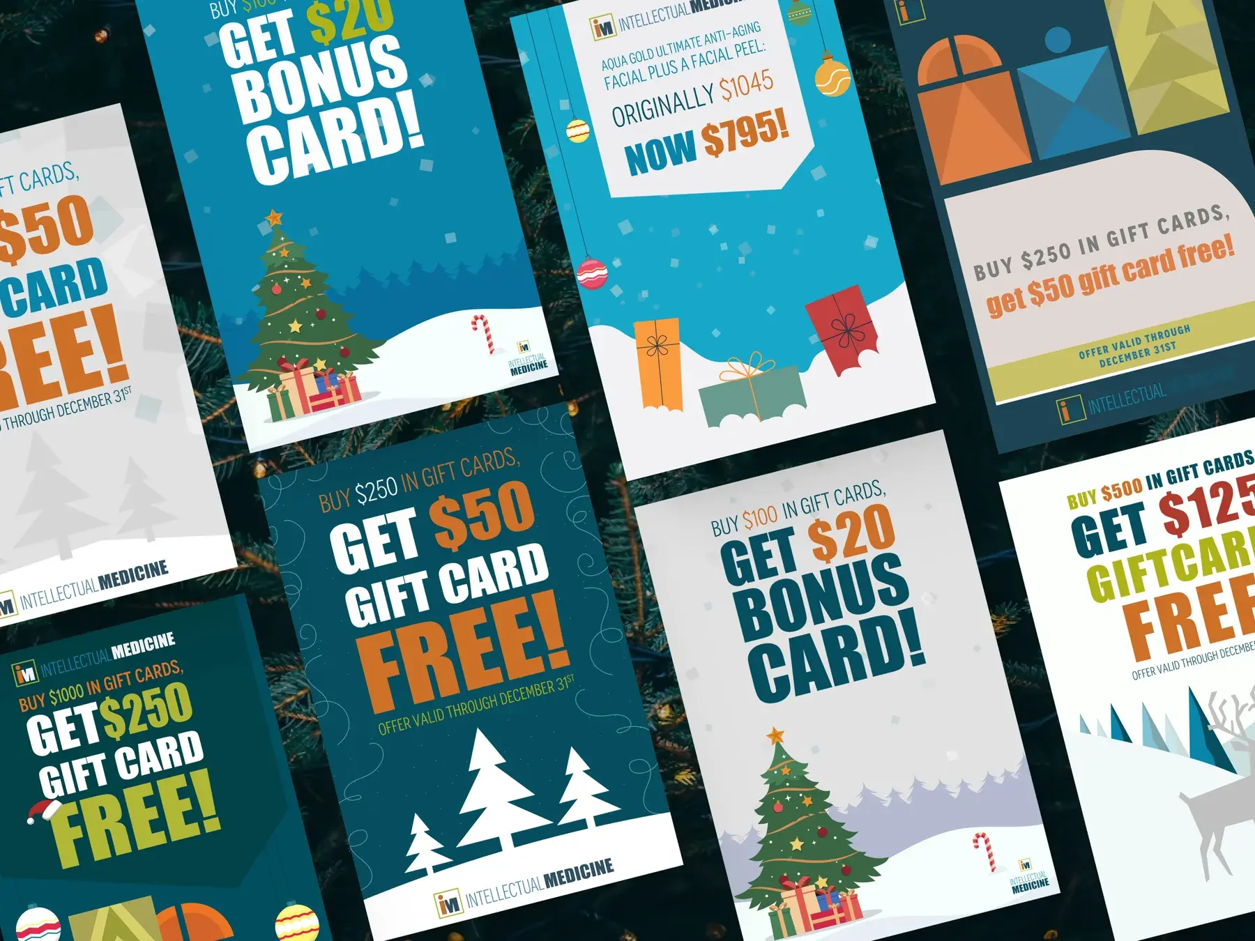 Set of Intellectual Medicine seasonal gift card posters showing bonus card and free gift card offers