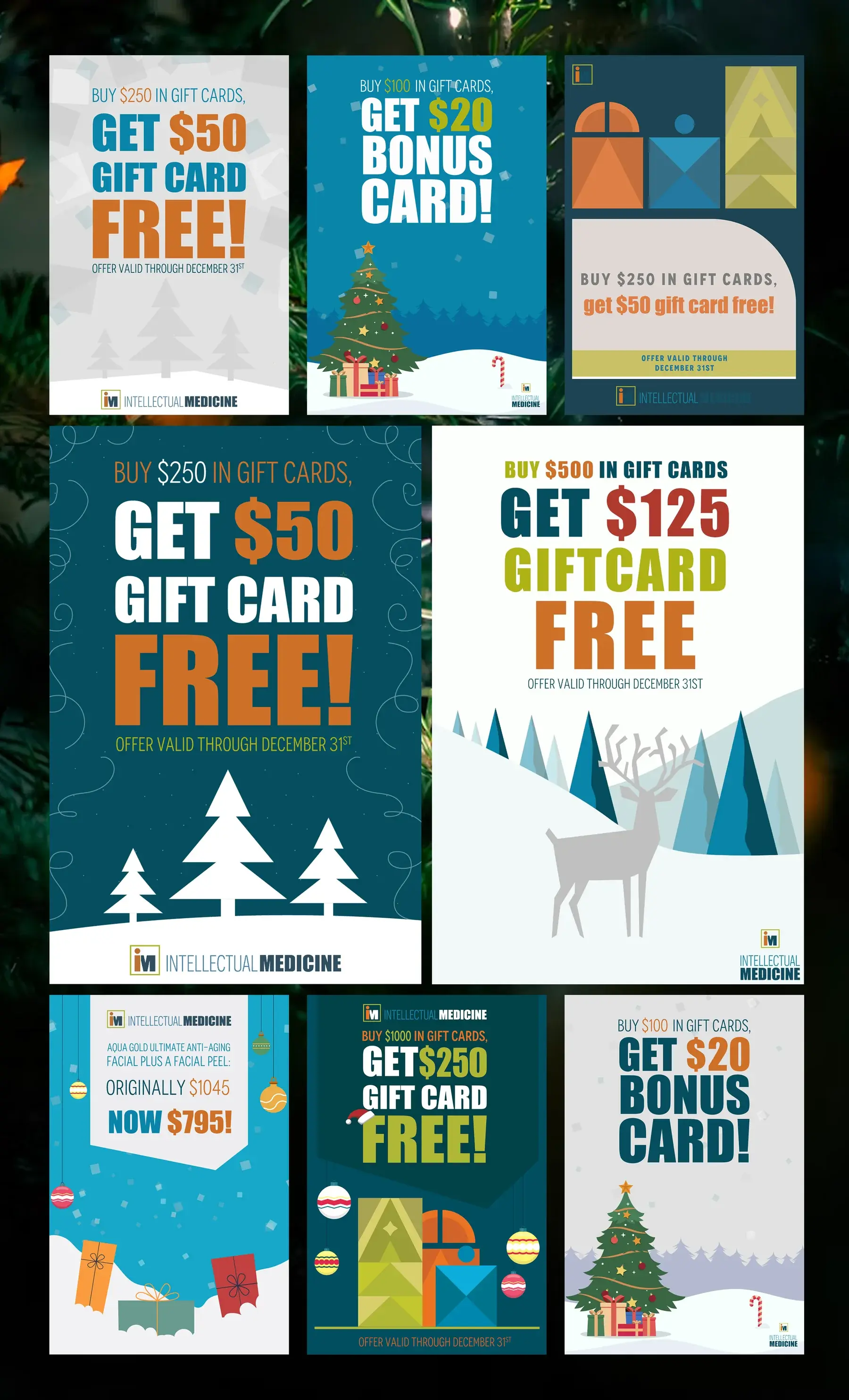 Full set of gift card posters across offer tiers, from a twenty dollar bonus card to a two hundred and fifty dollar free gift card, plus a discounted facial treatment offer