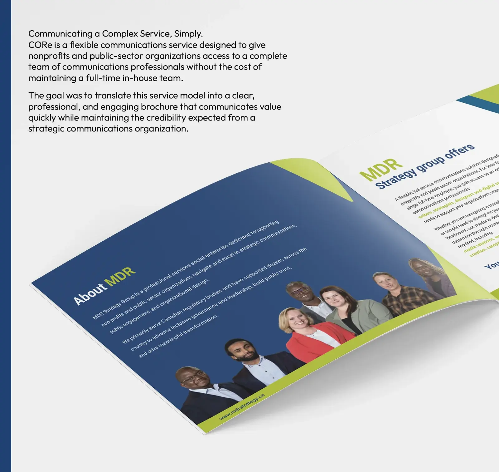Communicating a complex service, simply: the brochure open at the About MDR spread