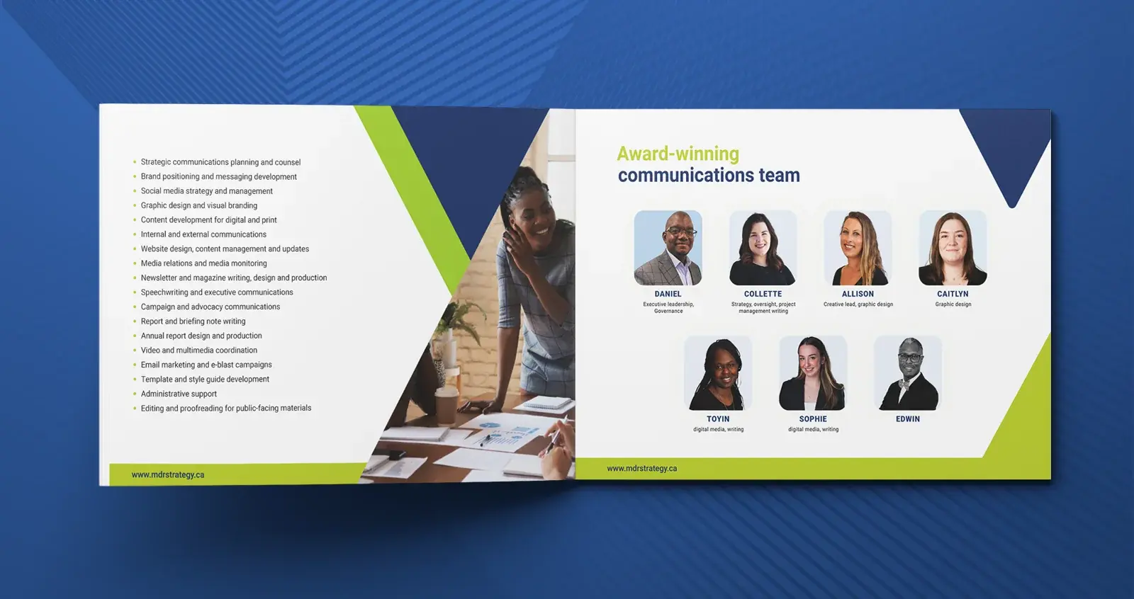 The open brochure on a blue background: the service list beside the award-winning communications team