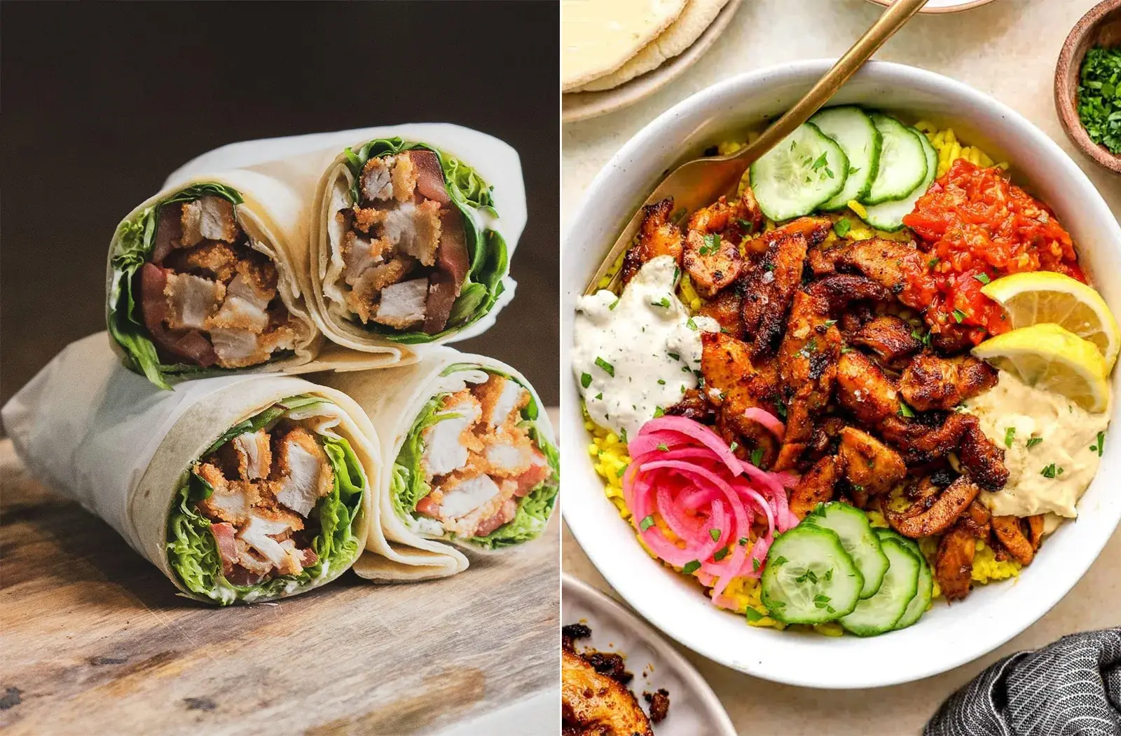 Food photography of chicken wraps and a shawarma bowl used across the menu