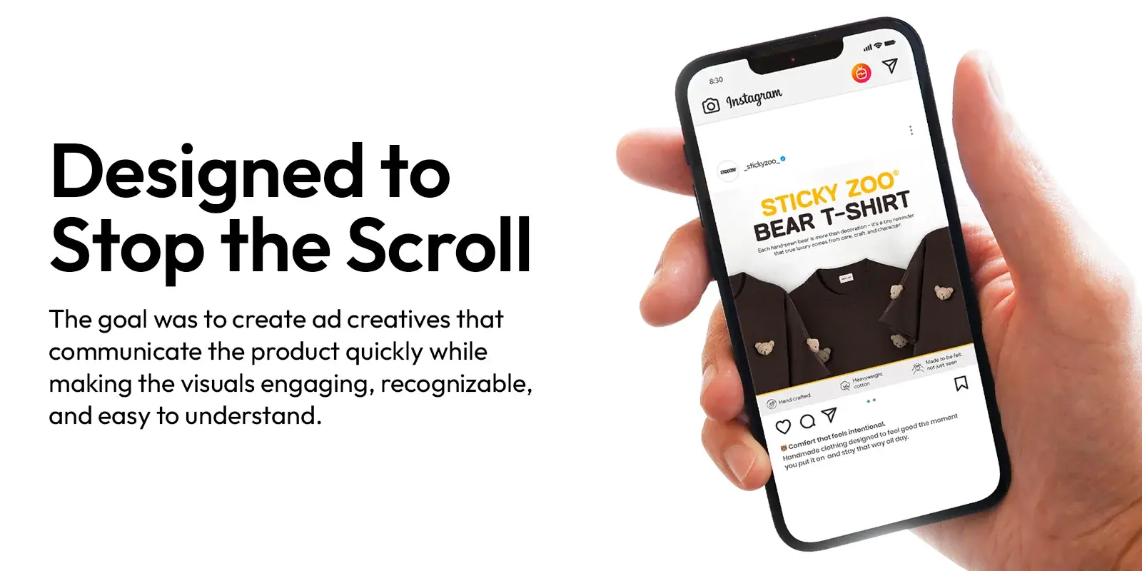 Designed to stop the scroll: the Bear T-Shirt ad shown as an Instagram post on a phone