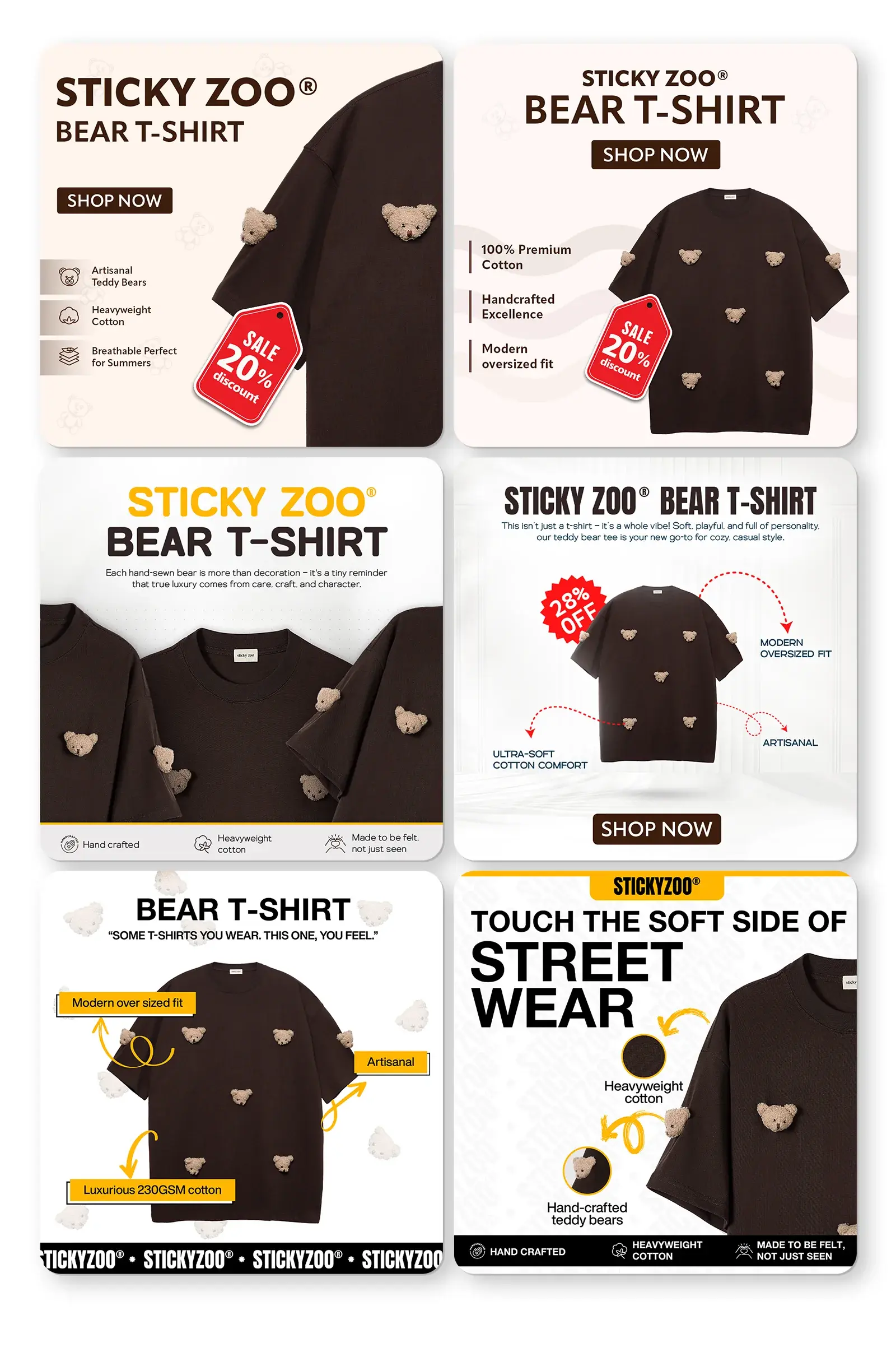 Six Bear T-Shirt ad creatives: sale tags, feature callouts, the 230GSM cotton and hand-crafted teddy bear details, and the Touch the Soft Side of Street Wear variant