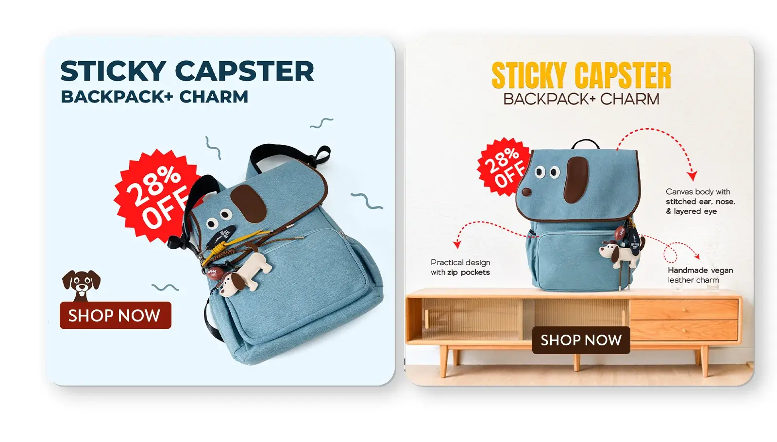 Two Sticky Capster backpack and charm ads with the 28 percent off badge and Shop Now buttons