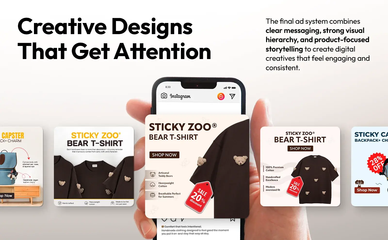 Creative designs that get attention: the full ad system fanned around a phone showing the Instagram post