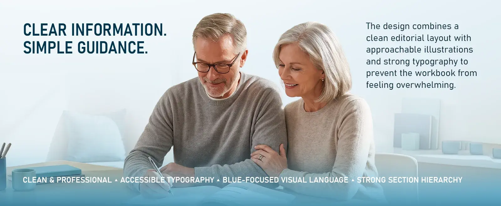 Clear information, simple guidance: a couple reading the workbook, with the four design principles along the bottom