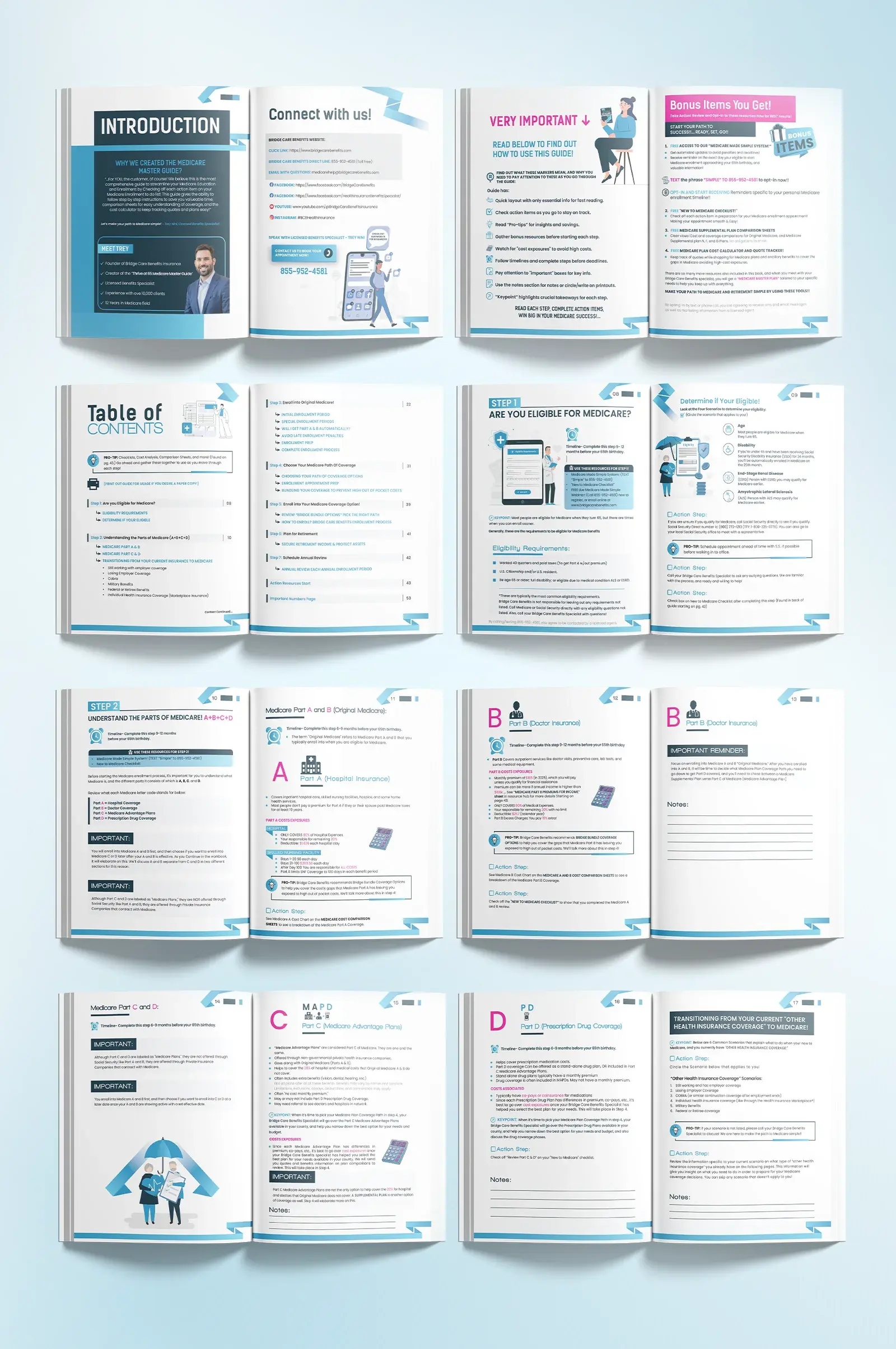 Eight open spreads of the workbook: introduction, connect with us, very important, bonus items, table of contents, eligibility steps and Medicare Parts A to D