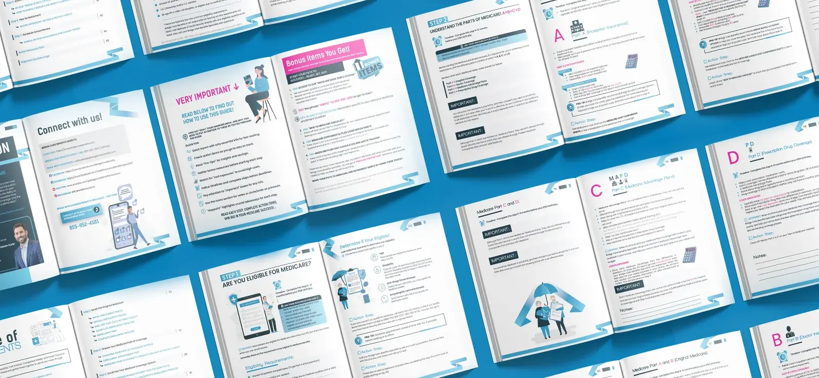 Workbook spreads laid out diagonally on a blue background