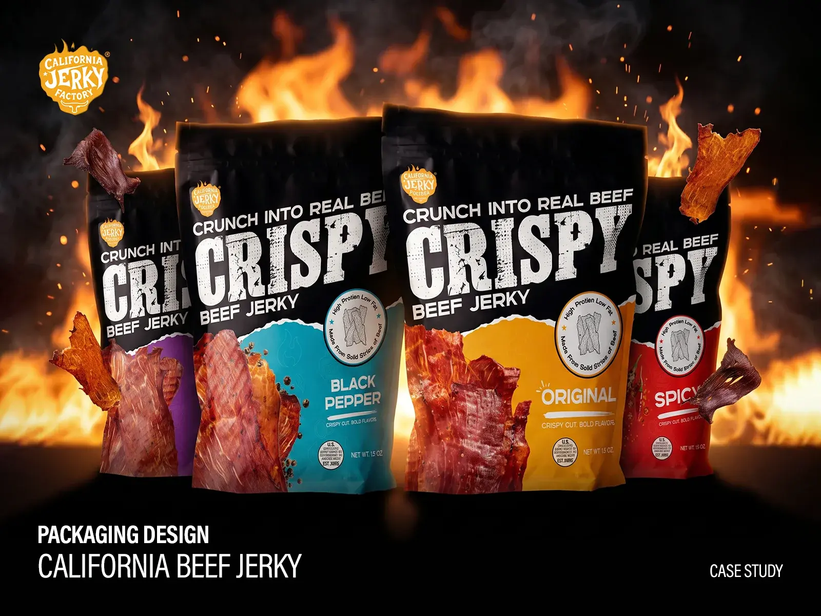 Case study title slide: four Crispy Beef Jerky pouches over a wall of flames