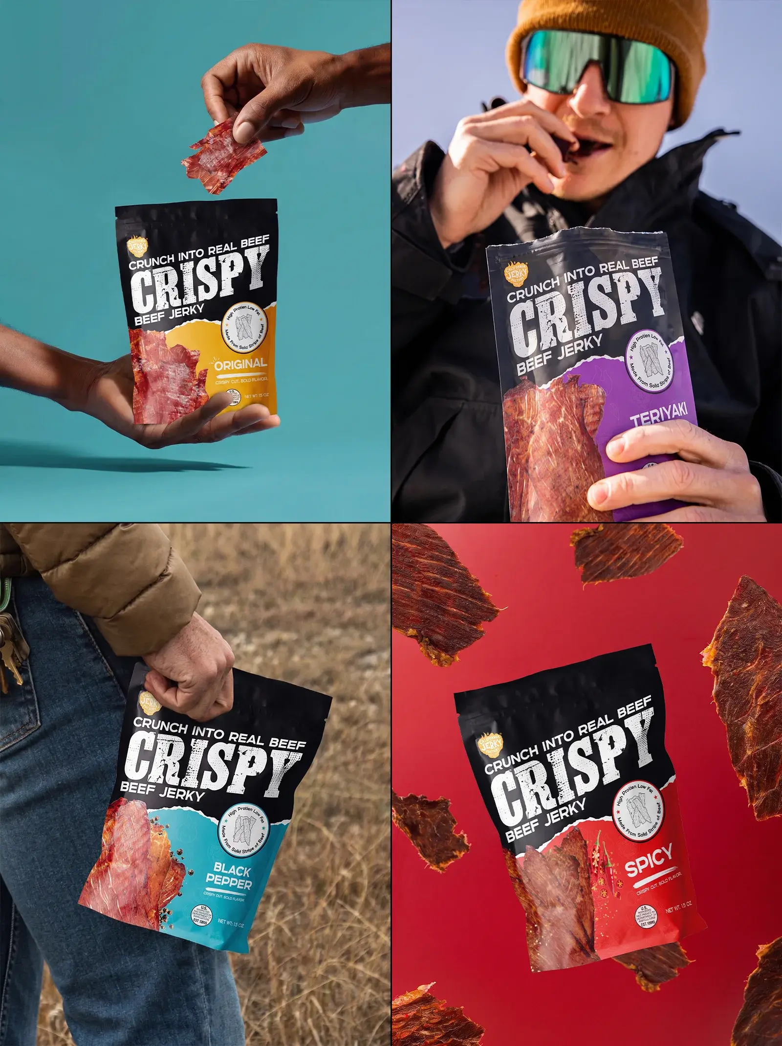 Four lifestyle mockups of the pouches held and carried outdoors in Original, Teriyaki, Black Pepper and Spicy flavors