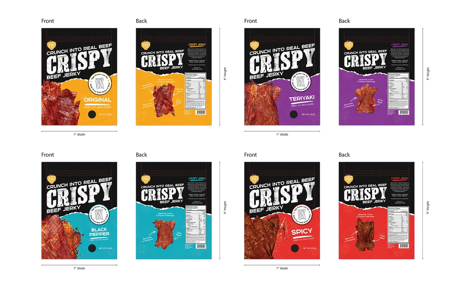Front and back label layouts for all four flavors at the 7 by 9 inch pouch size, with nutrition facts panels