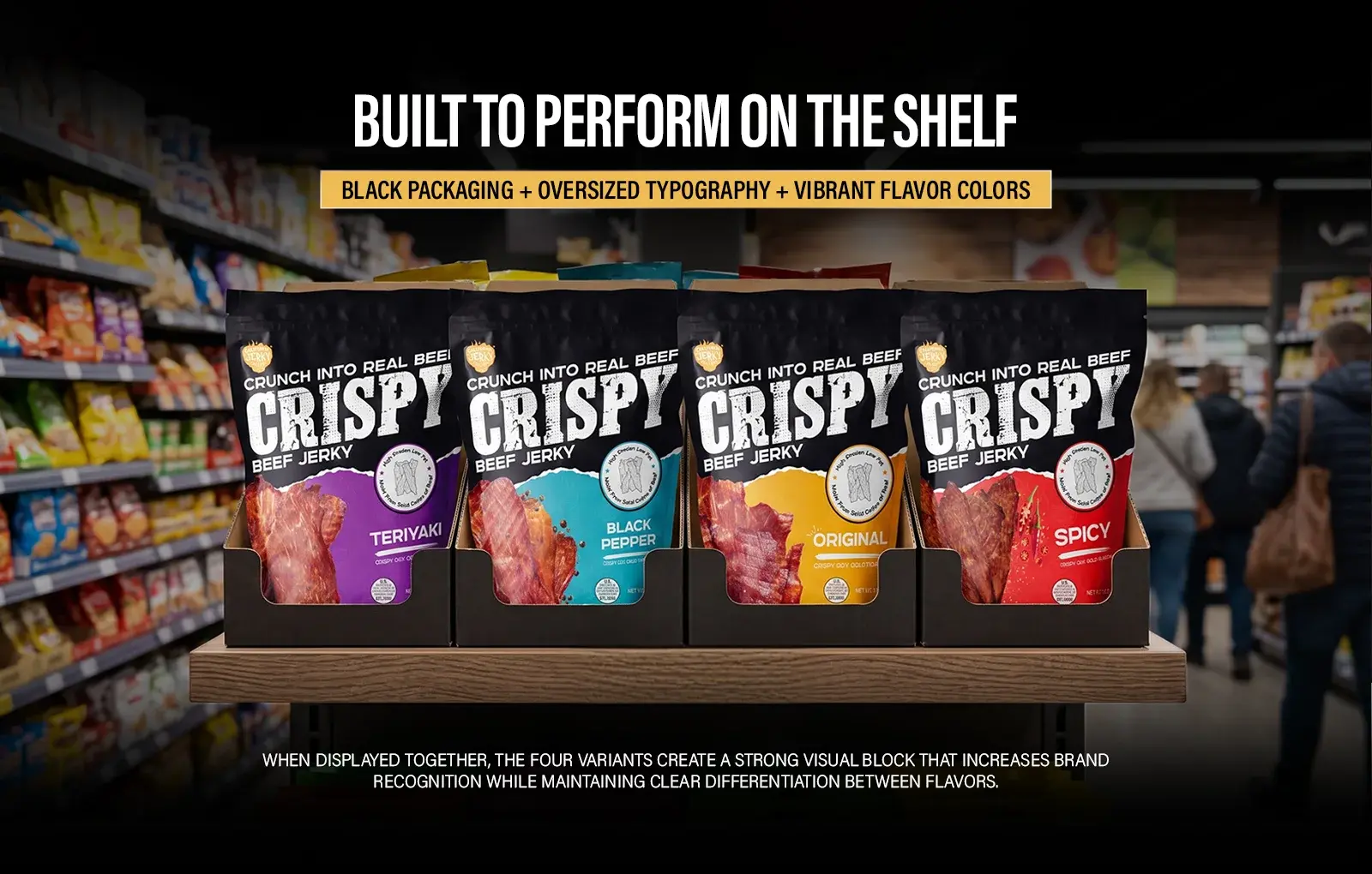 Retail shelf display of the four variants together as one visual block with clear differentiation between flavors