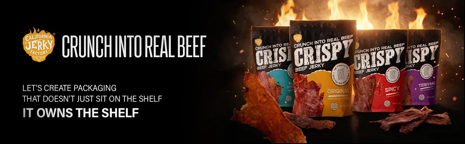 Closing slide: let's create packaging that doesn't just sit on the shelf, it owns the shelf, with the four pouches over flames