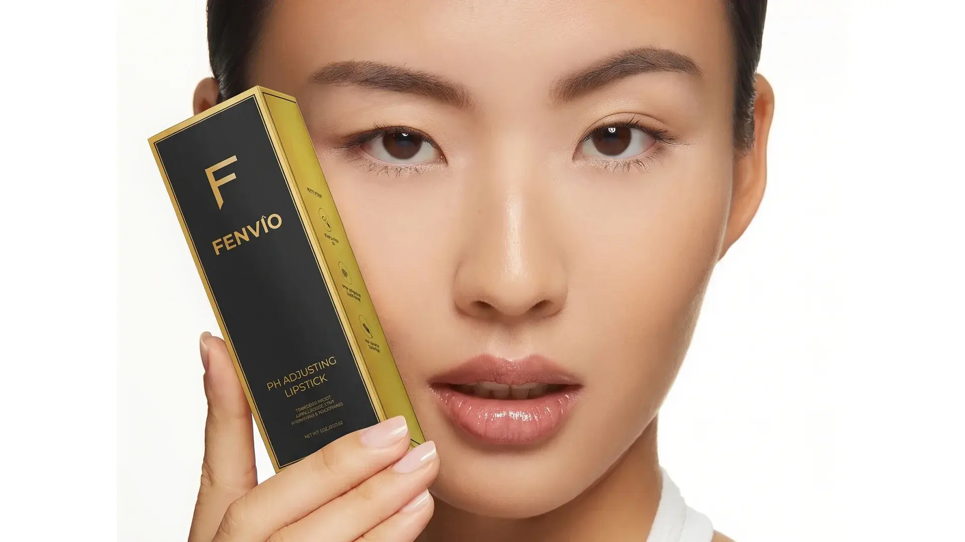 Model holding the black and gold Fenvio pH adjusting lipstick carton