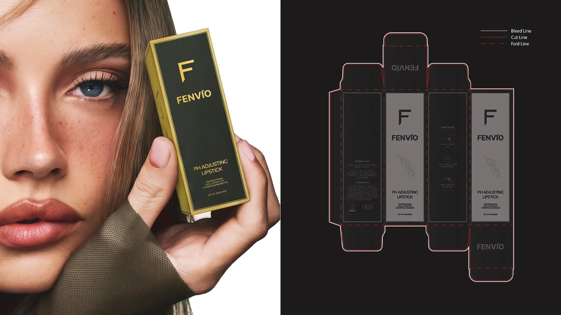 Fenvio carton held by a model alongside the structural dieline for the pack