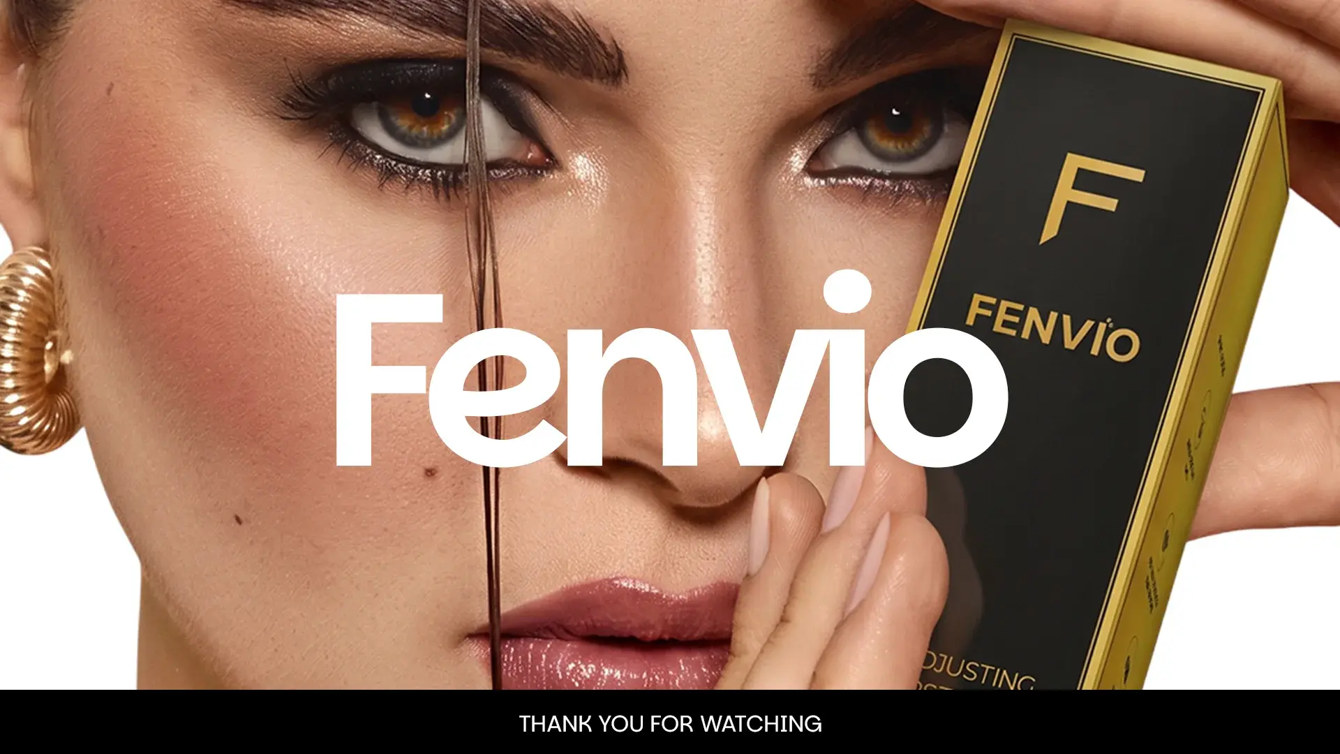 Closing Fenvio beauty shot with the product held to the model's face
