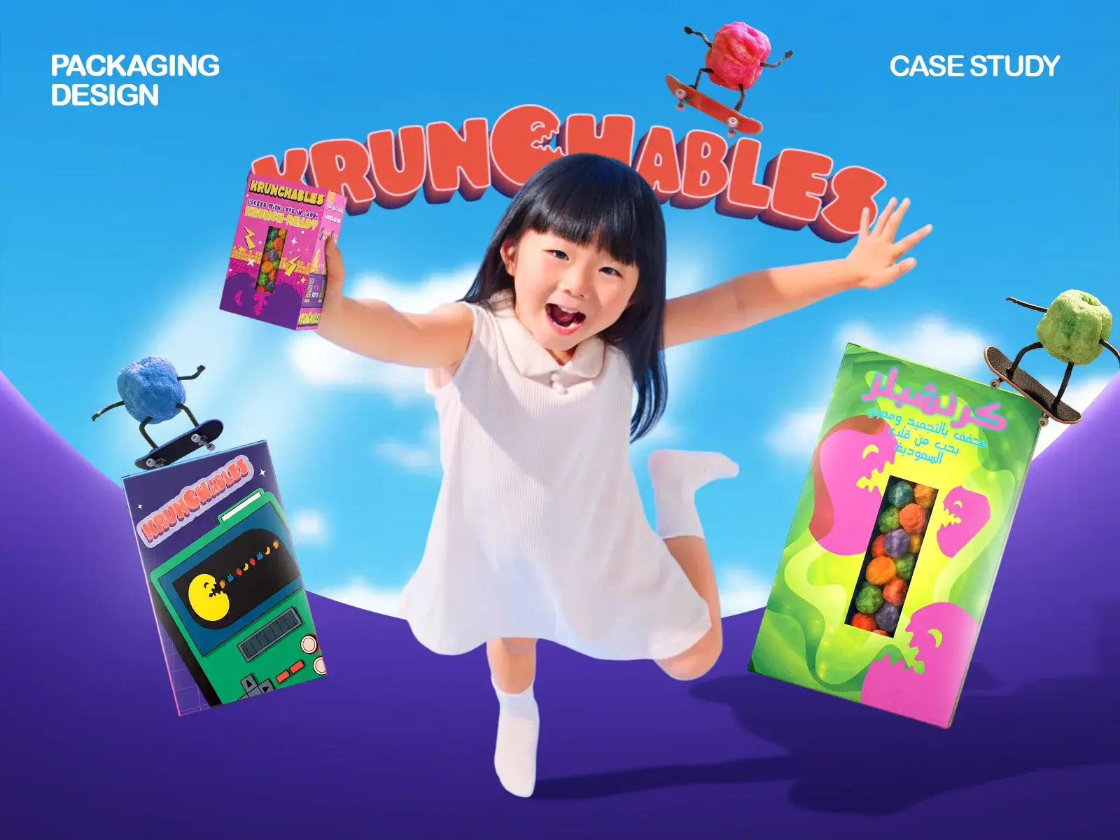 Case study title slide: a child jumping between the three Krunchables boxes with skateboarding candy mascots