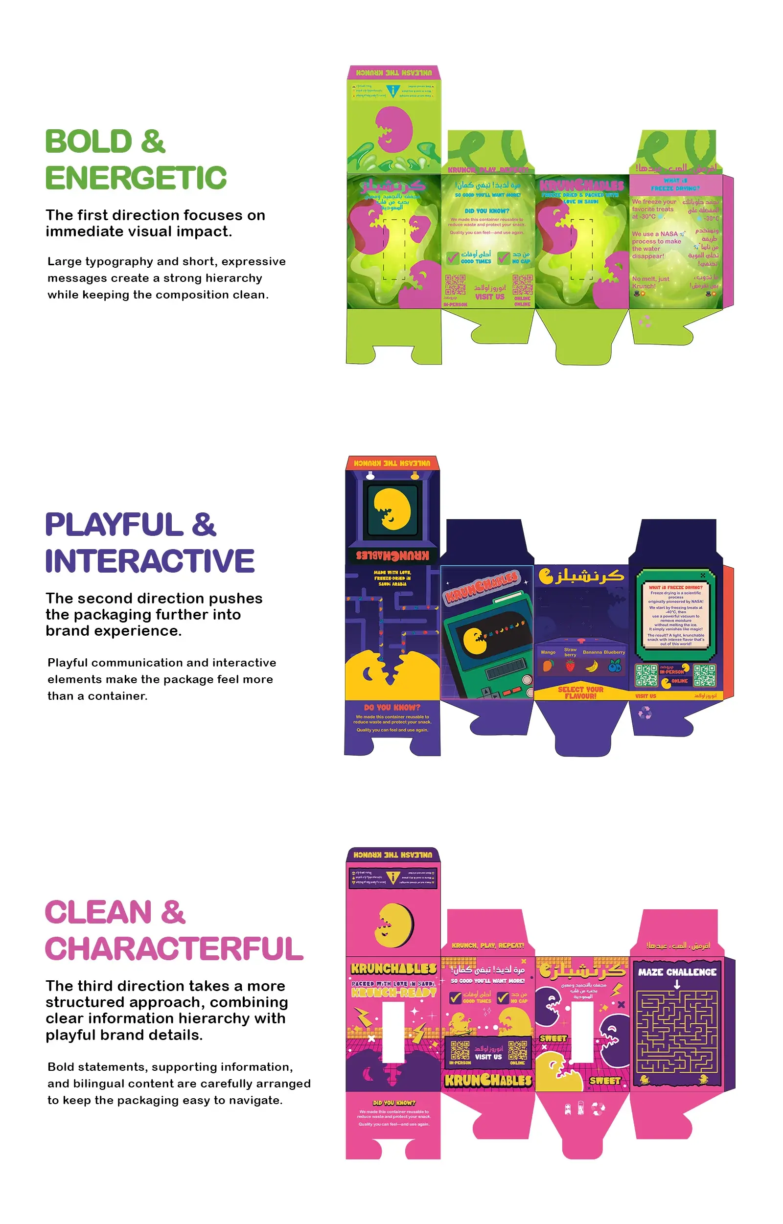 The three box directions as structural dielines: bold and energetic, playful and interactive, clean and characterful