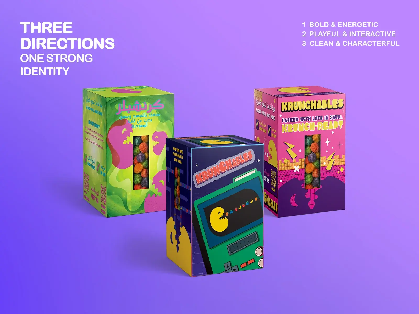 Three directions, one strong identity: the green, purple and pink boxes together