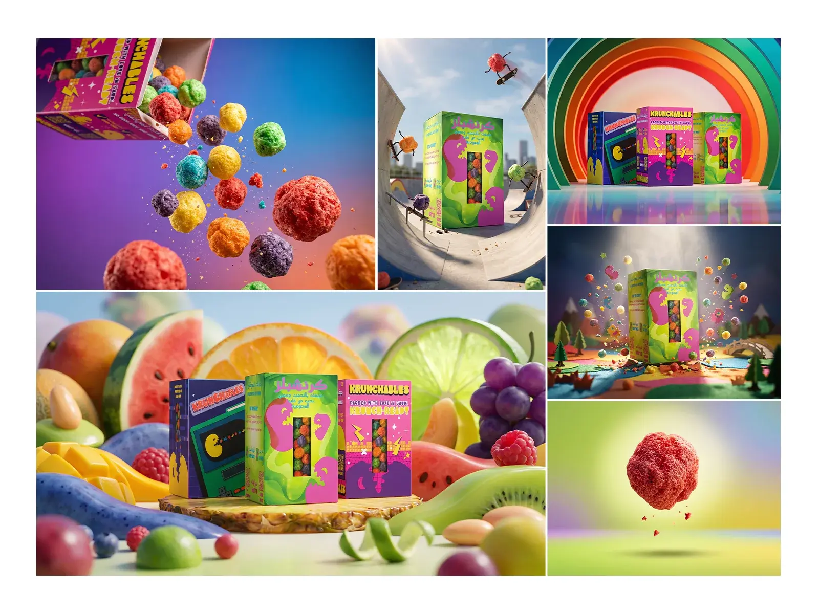 Mockup collage: candy pouring from the box, the skate ramp, a rainbow arch, a candy landscape and the boxes among giant fruit