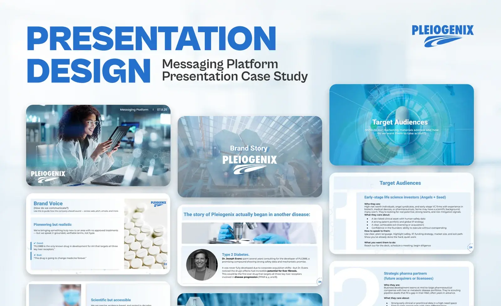 Pleiogenix presentation design title slide with brand voice, brand story and target audience slides arranged beneath it