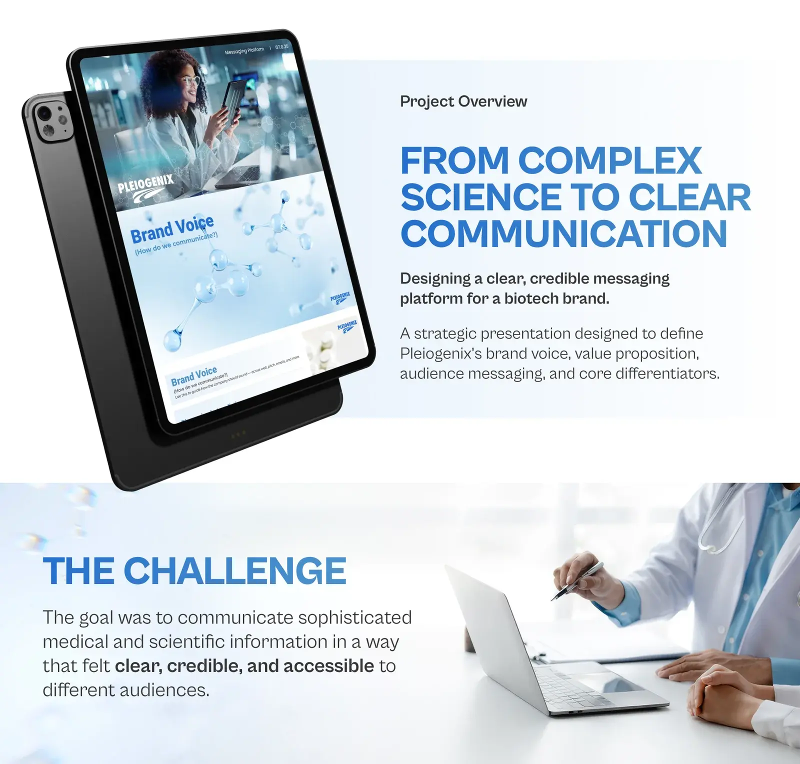 Project overview on a tablet, from complex science to clear communication, above the challenge slide showing two clinicians at a laptop