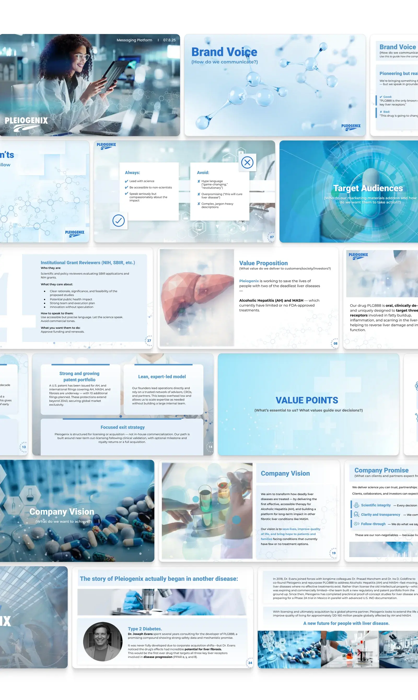 Contact sheet of the full Pleiogenix deck, from brand voice and target audiences through value proposition, company vision and brand story