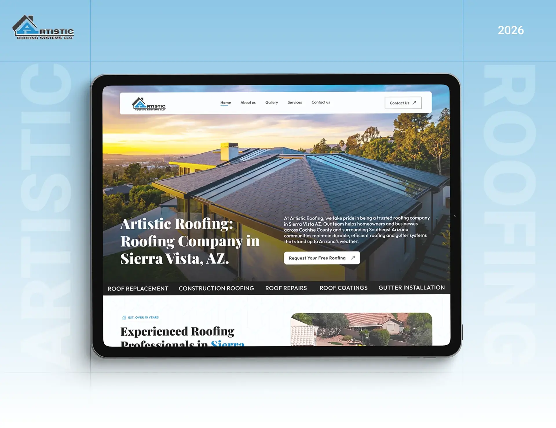 Artistic Roofing homepage on a tablet: Roofing Company in Sierra Vista, AZ, with a Request Your Free Roofing quote button