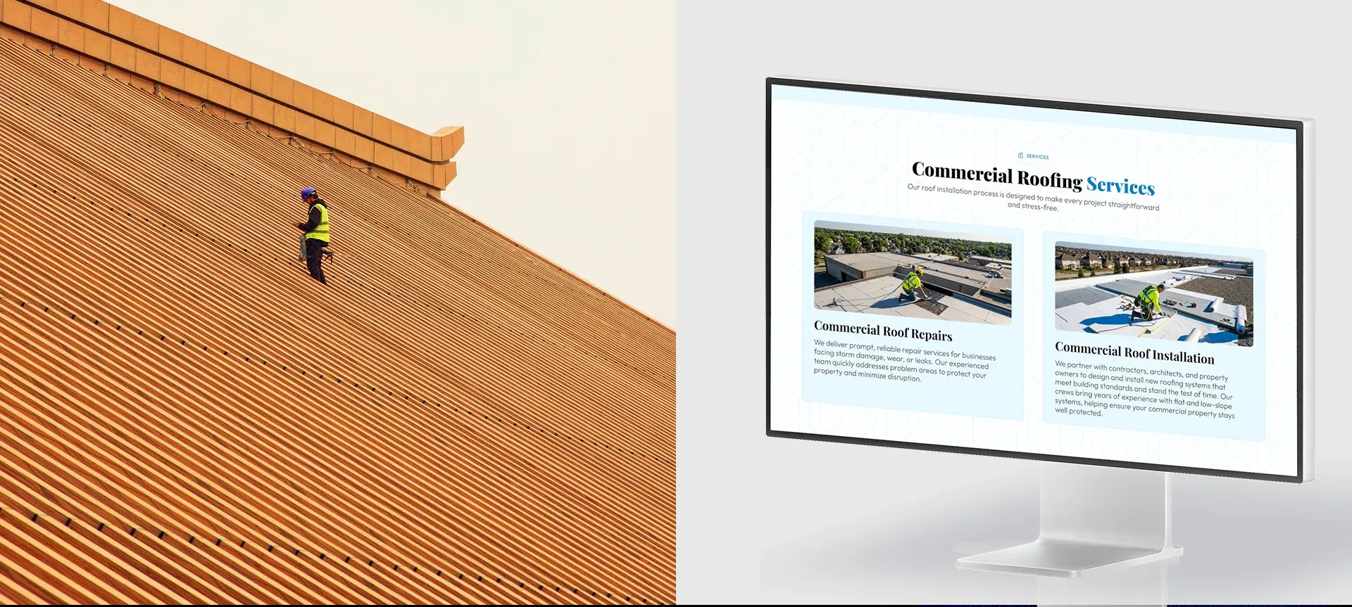 Commercial roofing services section with commercial roof repairs and commercial roof installation cards