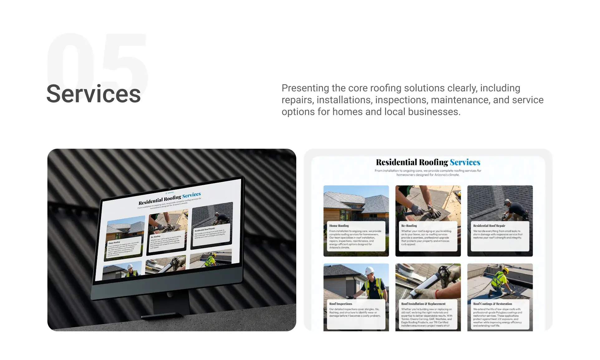 Residential roofing services grid: home roofing, re-roofing, repairs, inspections, installation and replacement, and coatings