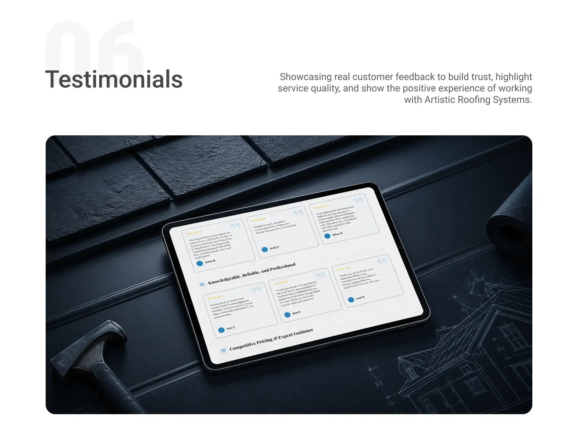 Testimonials slide showing six five-star customer reviews on a tablet over roofing blueprints