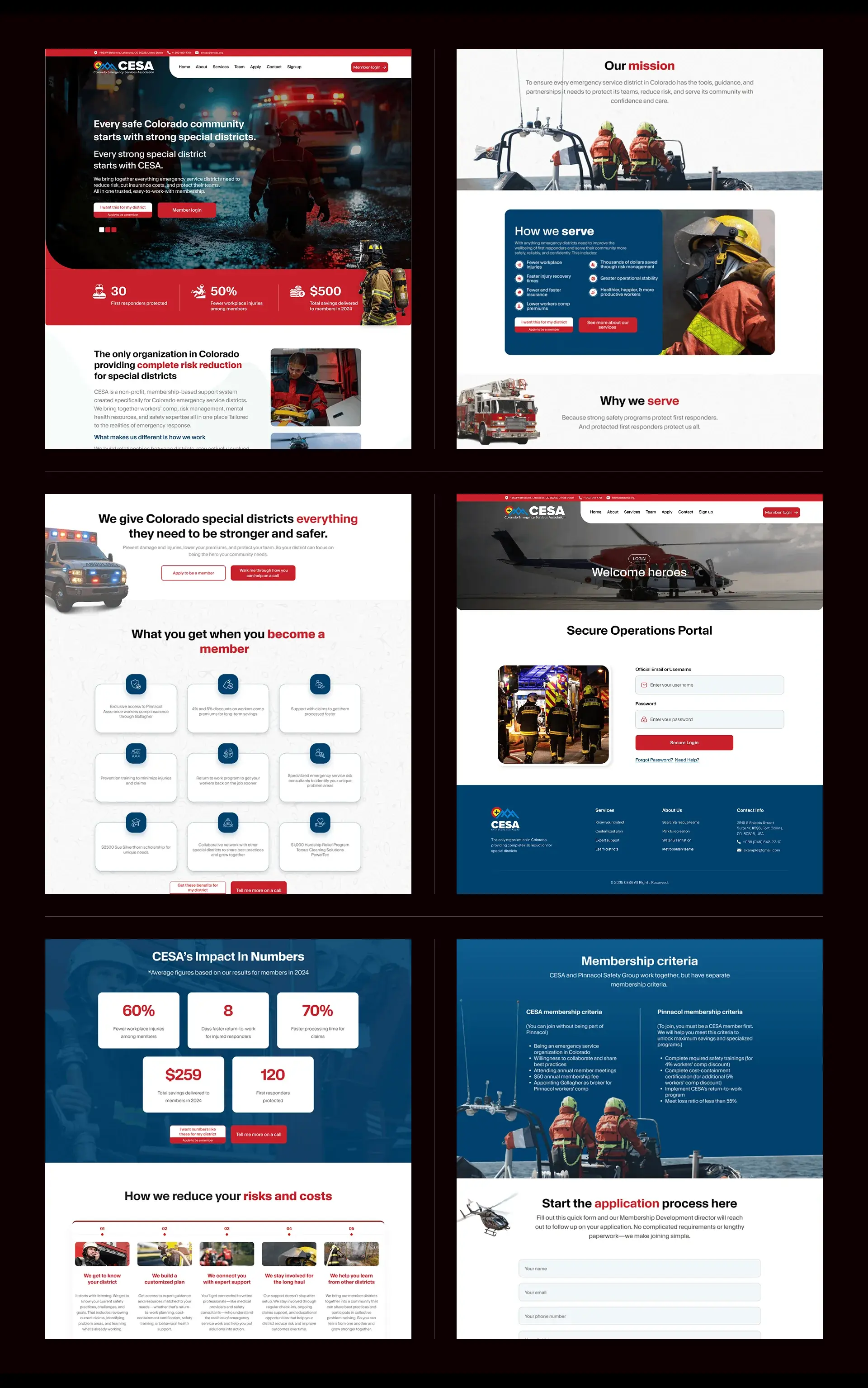 Four full pages of the redesign: homepage with member stats, mission and how we serve, member benefits, and the secure operations portal login